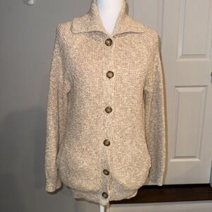 LL Bean Signature Cotton Cable Knit Beige Button Up Sweater Size Small Fisherman